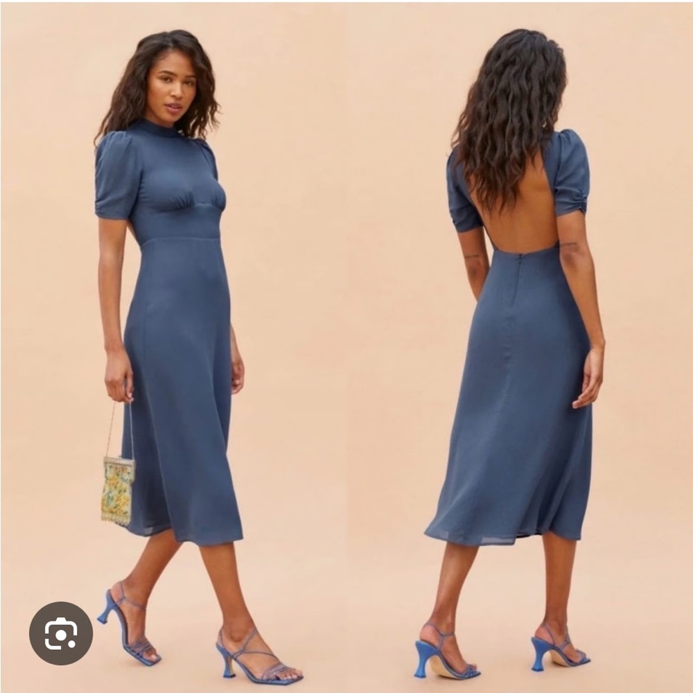 Reformation Blue Backless Sheath Dress with Puff Sleeves